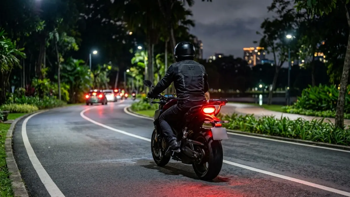 Berkendara motor malam hari perlu ekstra waspada. Simak tips mengenali kendaraan berhenti dan menghindari kecelakaan di jalan.(ILUSTRASI AI)