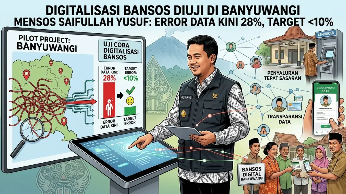 Digitalisasi bansos diuji di Banyuwangi. Mensos Saifulah Yusuf menyebut error data kini 28 persen dan ditargetkan turun di bawah 10 persen.(ILUSTRASI AI)
