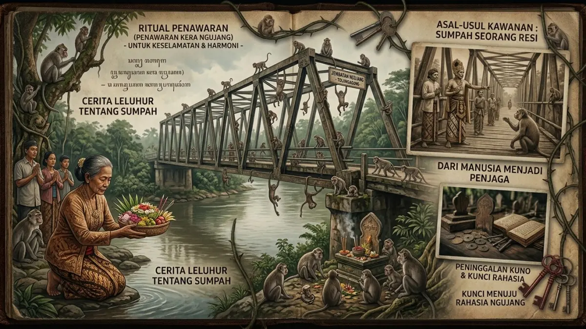Jembatan Ngujang Tulungagung dikenal sebagai habitat monyet liar dan memiliki cerita mistis tentang asal-usul kawanan monyet.(ILUSTRASI AI)
