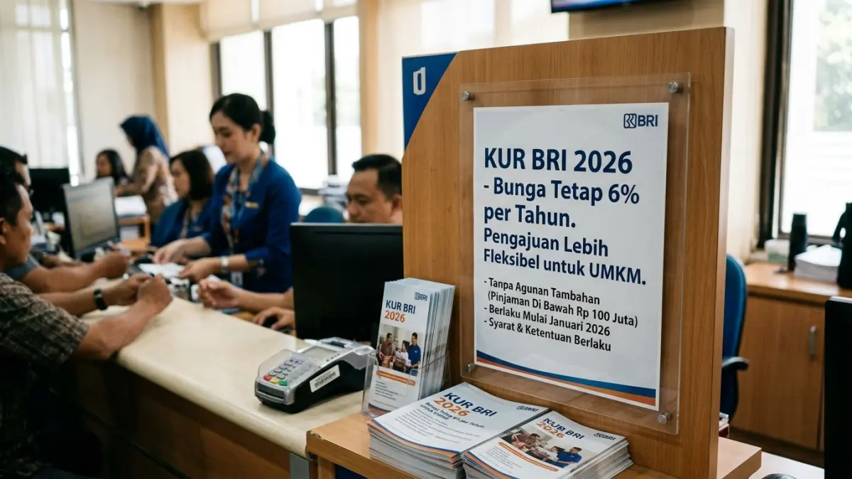 KUR BRI 2026 disebut menawarkan bunga tetap 6 persen, pengajuan lebih fleksibel, dan pinjaman di bawah Rp100 juta tanpa agunan tambahan. (Gemini AI)