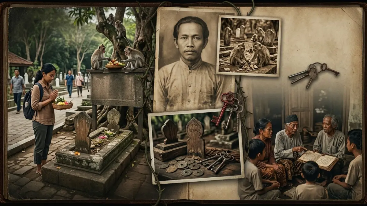 Makam Ujang Tulungagung dikenal sebagai pemakaman umum sekaligus lokasi wisata dengan keberadaan kera dan sejumlah mitos.(ILUSTRASI AI)