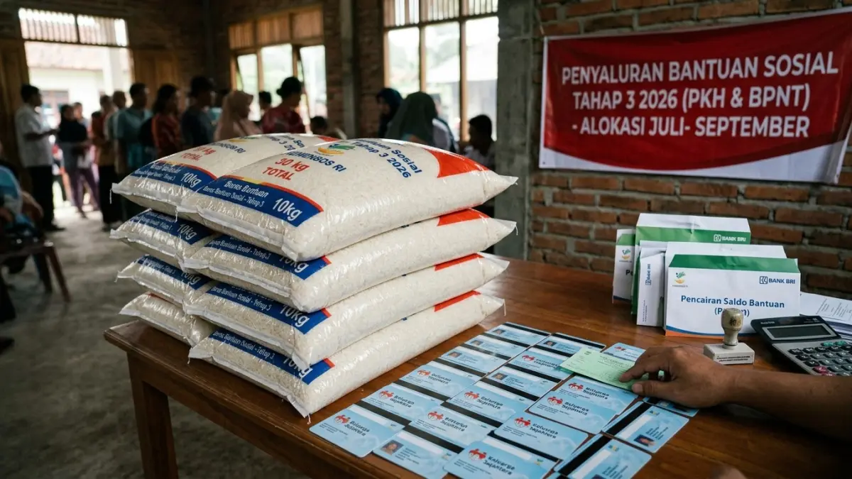 Pencairan bansos tahap 3 2026 mulai terpantau masuk KKS. Ada PKH, BPNT, PIP, BLT Dana Desa hingga bantuan beras 30 kilogram. (Gemini AI)
