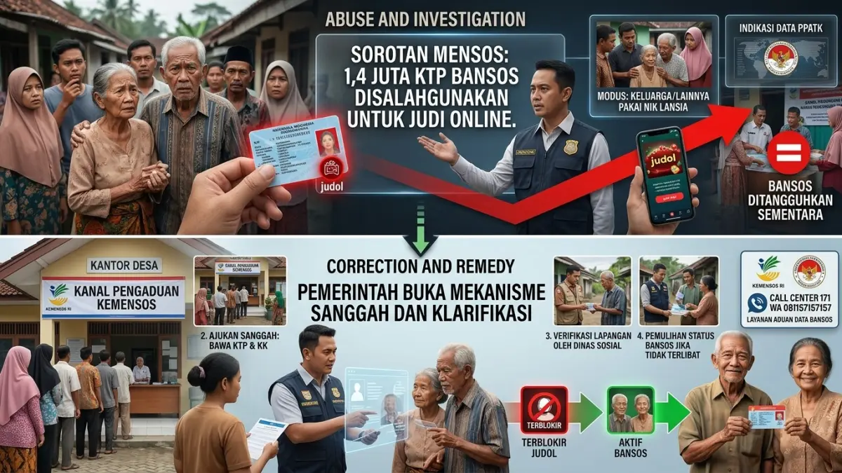 Penyalahgunaan KTP penerima bansos untuk judi online disorot Mensos. Pemerintah membuka kanal pengaduan untuk koreksi dan perbaikan data.(ILUSTRASI AI)