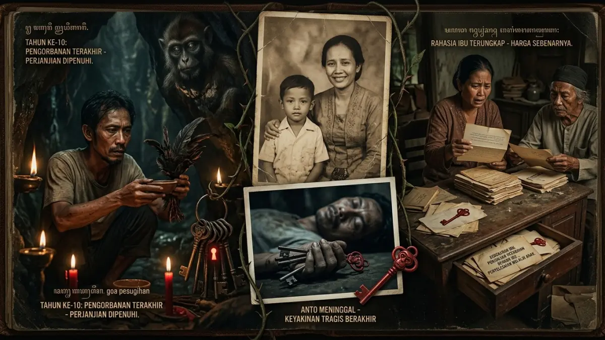Pesugihan Ngujang dalam kisah Anto berujung tragis setelah 10 tahun ritual. Anto meninggal dan kebenaran tentang ibunya akhirnya terungkap.(ILUSTRASI AI)