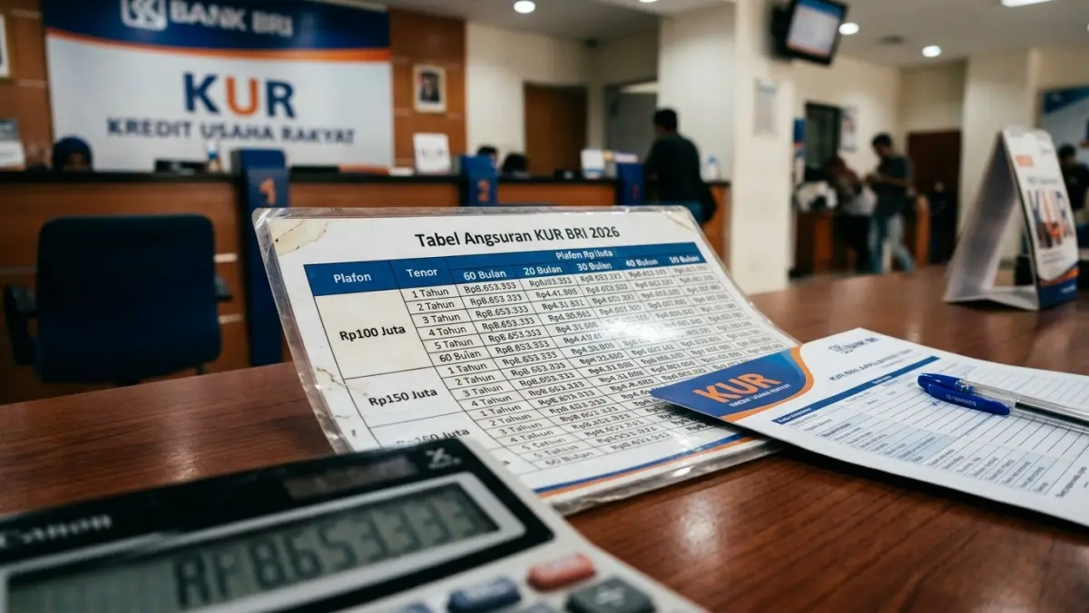 Tabel angsuran KUR BRI 2026 Rp100 juta hingga Rp150 juta disimulasikan untuk tenor 1-5 tahun, lengkap dengan cara menghitung cicilan. (Gemini AI)