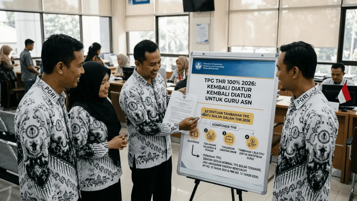 TPG THR 100 persen 2026 kembali diatur untuk guru ASN. Simak ketentuan tambahan TPG satu bulan dalam pembayaran THR tahun ini.