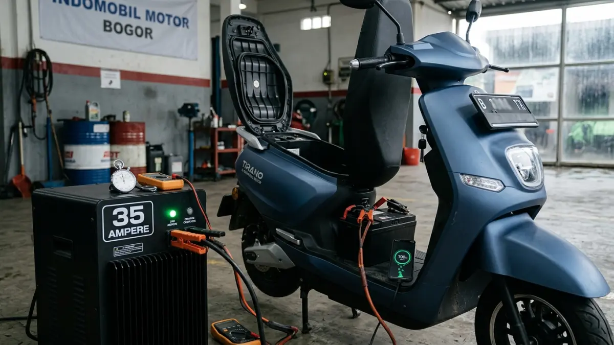 Fast charging motor listrik Tirano diuji dari baterai 45 persen hingga 100 persen dalam sekitar 29 menit dengan perangkat 35 ampere. (Gemini AI)