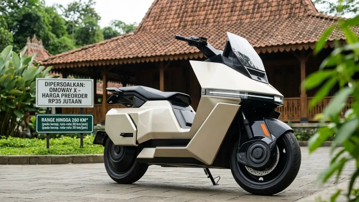 Omoway X ditawarkan Rp35 jutaan dengan baterai long range dan klaim jarak tempuh hingga 260 km pada kecepatan 30 km/jam. (Gemini AI)