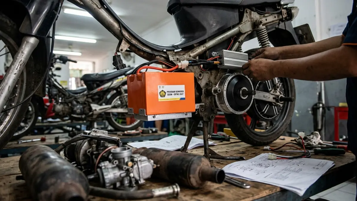 Program konversi motor listrik 2027 diusulkan Rp635,24 miliar untuk 63.000 unit kendaraan. Simak rincian anggarannya. (Gemini AI).