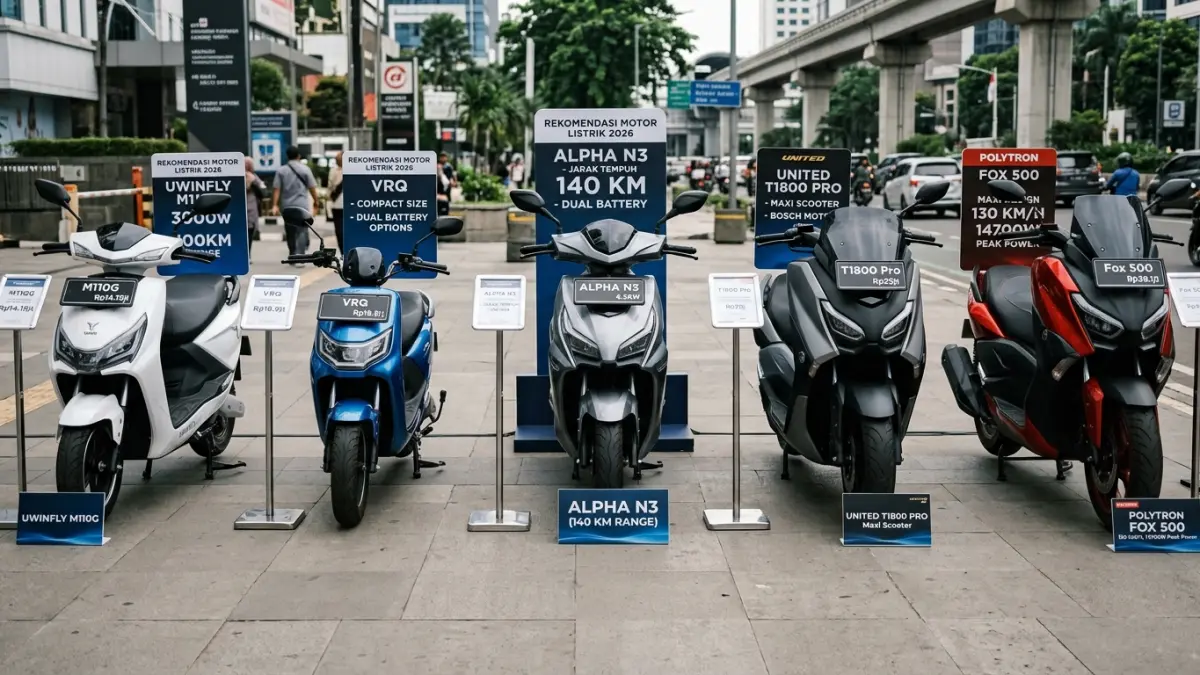Rekomendasi motor listrik 2026 mencakup Uwinfly M110G, VRQ, Alpha N3, United T1800 Pro, dan Polytron Fox 500. (Gemini AI)