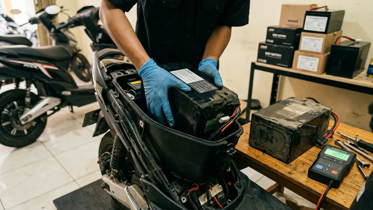Usia baterai motor listrik umumnya 3-5 tahun. Jumlah cycle, fast charging, overcharge, dan cara pemakaian ikut memengaruhi daya tahannya. (Gemini AI)