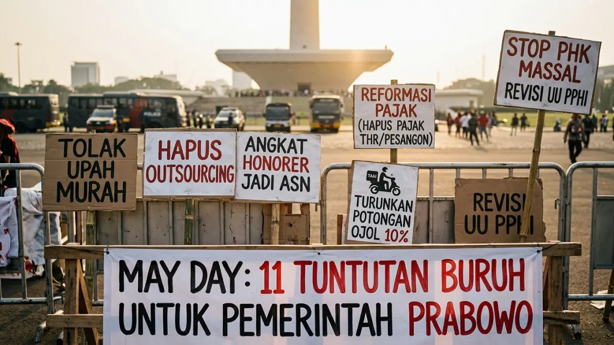 11 tuntutan buruh disuarakan dalam aksi May Day di Monas, dari tolak upah murah, hapus outsourcing hingga angkat honorer menjadi ASN. (Gemini AI)