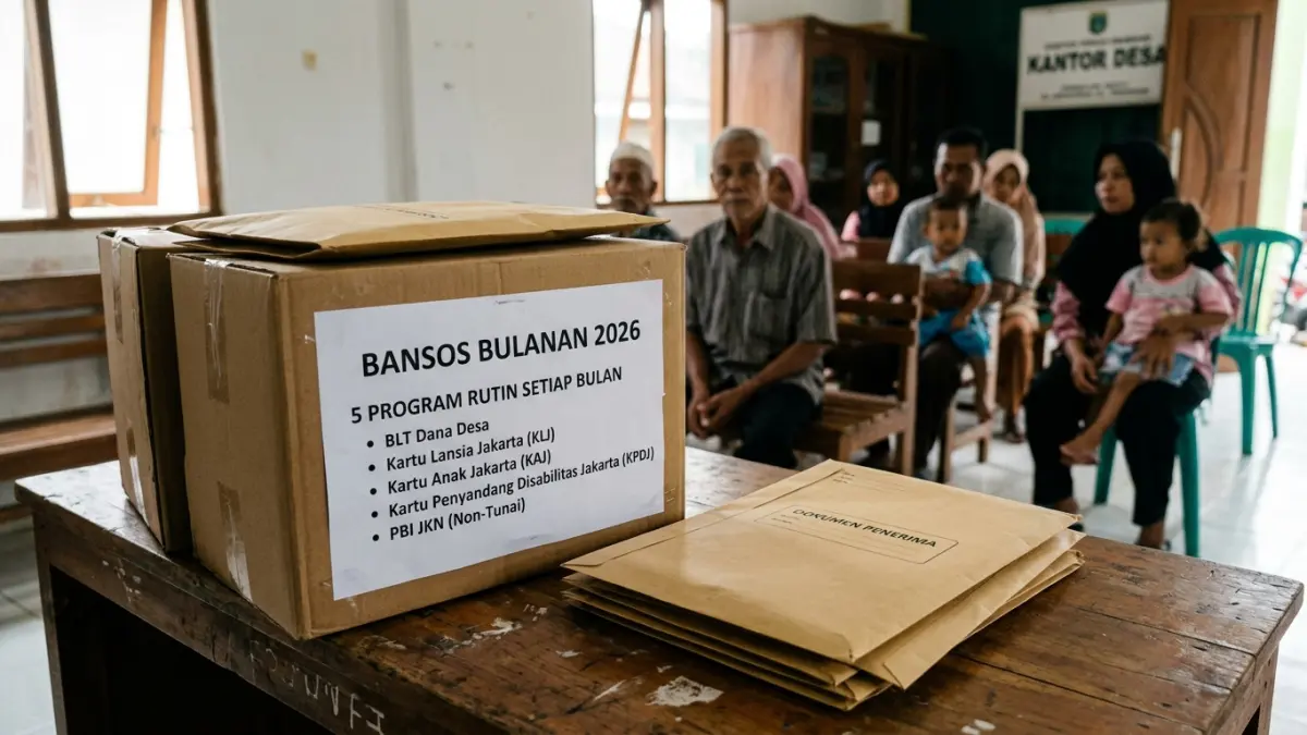 Bansos bulanan 2026 mencakup BLT Dana Desa, KLJ, KAJ, KPDJ, dan PBI JKN dengan skema bantuan rutin setiap bulan. (Gemini AI)