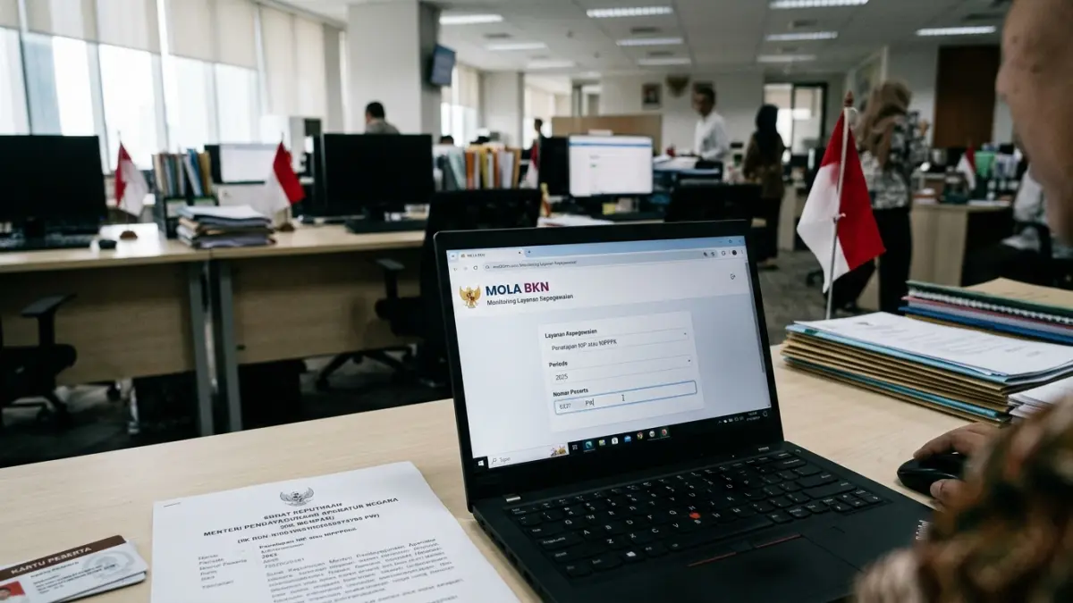 Cara cek NIP PPPK paruh waktu di MOLA BKN, mulai dari memilih layanan, memasukkan nomor SK Menpan hingga mengecek email SSCASN. (Gemini AI)