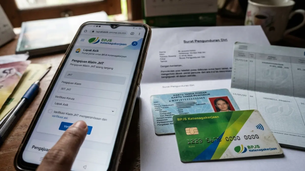 Cara tracking klaim JHT BPJS Ketenagakerjaan lewat JMO untuk melihat status pengajuan, verifikasi, hingga pencairan saldo. (Gemini AI)
