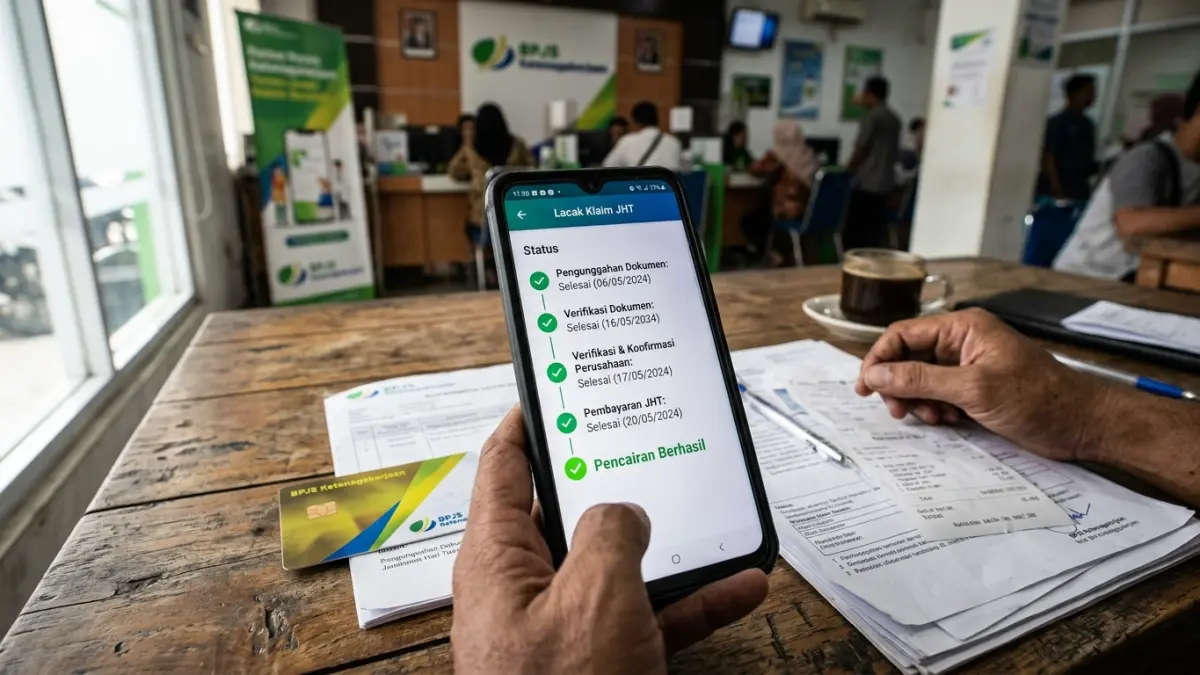 Cara tracking klaim JHT BPJS Ketenagakerjaan lewat JMO untuk melihat status pengajuan, verifikasi, hingga pencairan saldo. (Gemini AI)