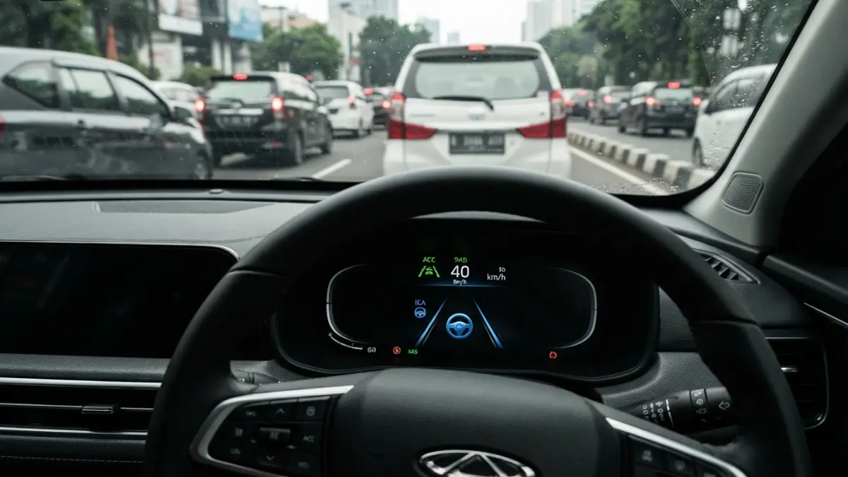 Chery Omoda E5 memiliki Adaptive Cruise Control dan Integrated Cruise Assist yang membantu mengatur kecepatan, rem, serta posisi mobil di lajur. (Gemini AI)
