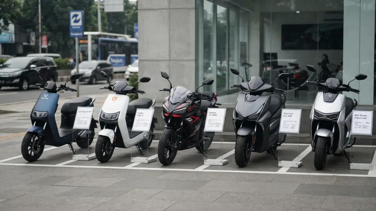 Lima sepeda motor listrik premium menawarkan performa dan fitur modern, dengan jarak tempuh hingga 150 km dan harga mulai Rp11 jutaan. (Gemini AI)