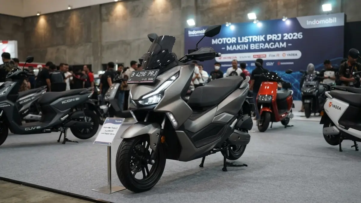 Motor listrik PRJ 2026 hadir dengan banyak pilihan. Indomobil Tirano X menjadi sorotan dengan jarak tempuh 160 km dan harga Rp32,8 juta. (Gemini AI)