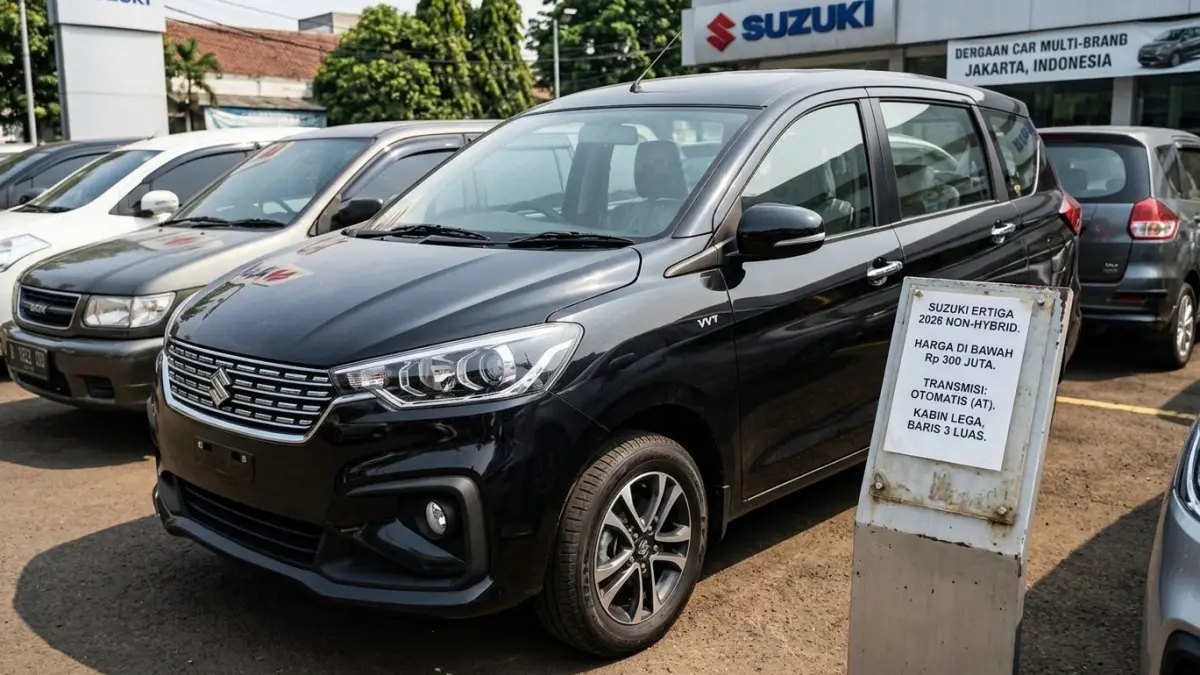 Suzuki Ertiga 2026 masih disebut relevan sebagai mobil keluarga. Varian non-hybrid ini memakai AT dan dibanderol di bawah Rp300 juta. (Gemini AI)