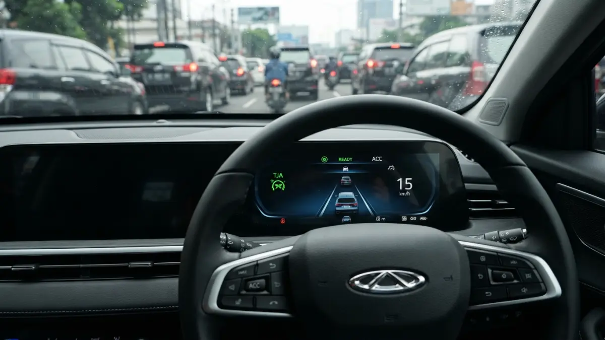 Traffic Jam Assist Omoda E5 bisa mengikuti mobil depan saat macet. Simak cara kerja TJA dan alasan memilih ACC mode only di jalan biasa. (Gemini AI)