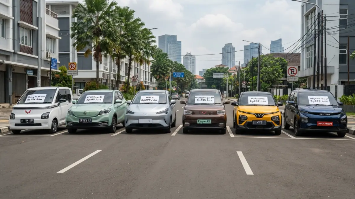 Mobil listrik murah di Indonesia tersedia mulai Rp184 juta. Simak enam pilihan dengan jarak tempuh hingga 410 km. (Gemini AI)
