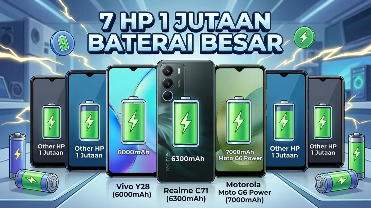 7 HP 1 jutaan baterai besar untuk mudik Lebaran 2026. Ada Vivo Y28, Realme C71 hingga Moto G6 Power 7.000 mAh.(ILUSTRASI AI)