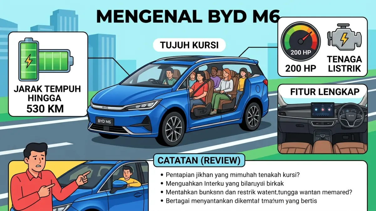  BYD M6 menawarkan tujuh kursi, jarak tempuh hingga 530 km, tenaga 200 HP, dan fitur lengkap, tetapi punya sejumlah catatan.(ILUSTRASI AI)