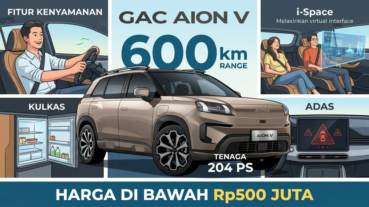 GAC Aion V menawarkan range hingga 600 km, tenaga 204 PS, kulkas, i-Space, ADAS, dan fitur kenyamanan dengan harga di bawah Rp500 juta.(ILUSTRASI AI)