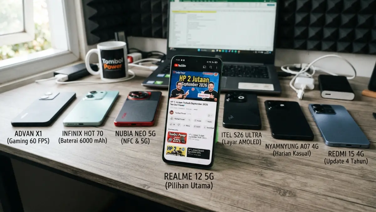 HP 2 jutaan September 2026 menawarkan pilihan untuk gaming, kerja, baterai besar, 5G, dan penyimpanan lega. Realme 12 5G jadi pilihan utama. (Gemini AI)