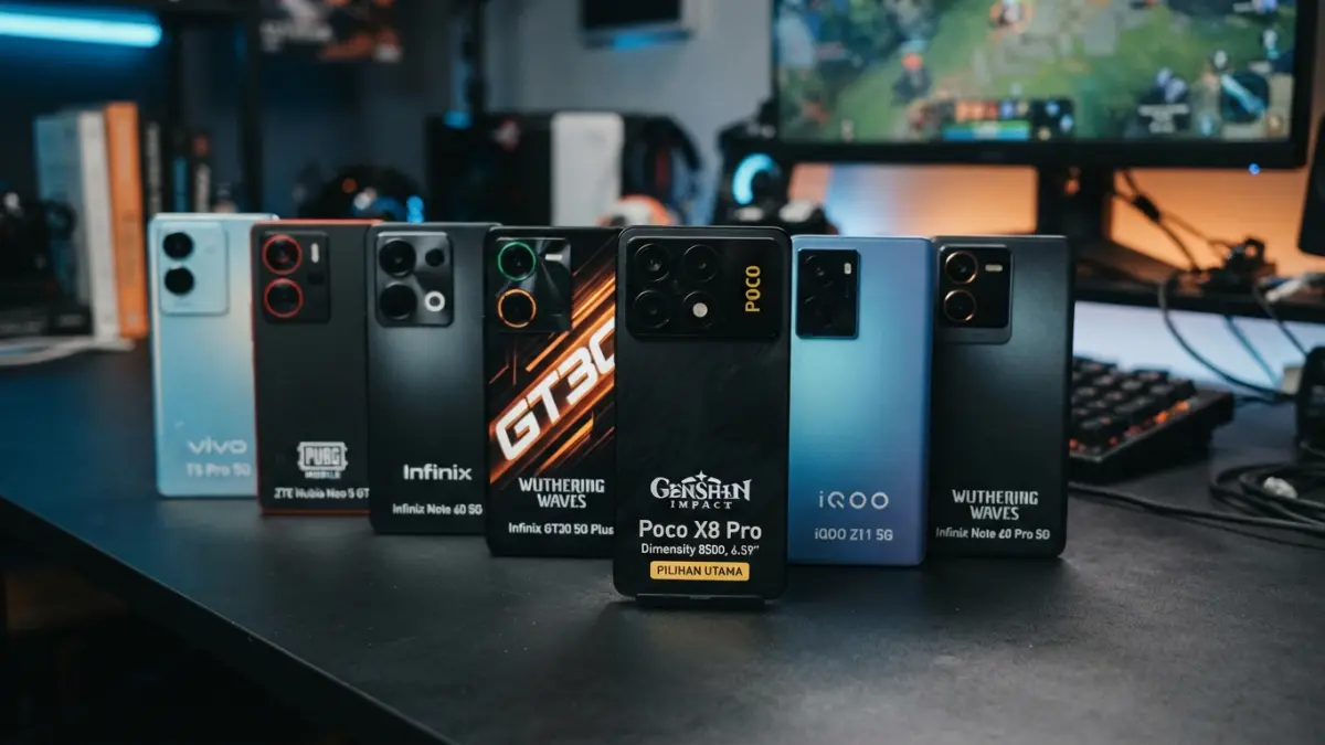HP gaming 4 sampai 5 jutaan Agustus 2026 makin bertenaga. Poco X8 Pro jadi pilihan utama, disusul enam ponsel dengan spesifikasi gaming. (Gemini AI)