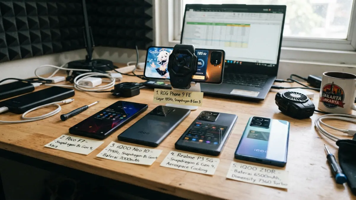 HP gaming jangka panjang dengan performa ngebut dan baterai besar. Simak 5 pilihan, dari iQOO Z10R hingga ROG Phone 9 FE. (Gemini AI)