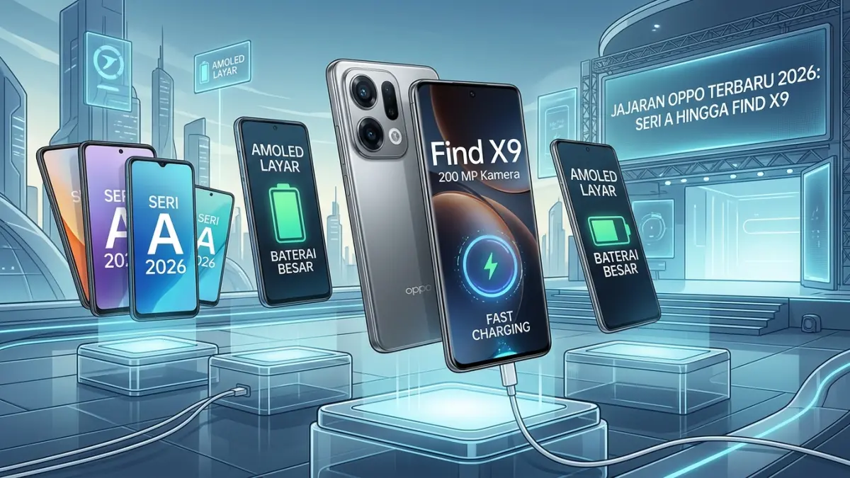 HP OPPO terbaru 2026 hadir dari seri A hingga Find X9, menawarkan baterai besar, layar AMOLED, kamera hingga 200 MP, dan fast charging.(ILUSTRASI AI)