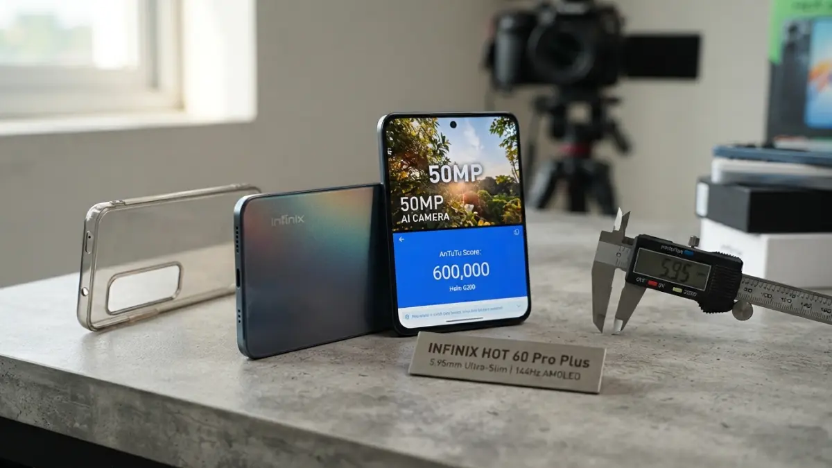 Infinix Hot 60 Pro Plus hadir dengan bodi 5,95 mm, layar AMOLED 144 Hz, kamera 50 MP dan Helio G200 di harga sekitar Rp2,5 juta. (Gemini AI)