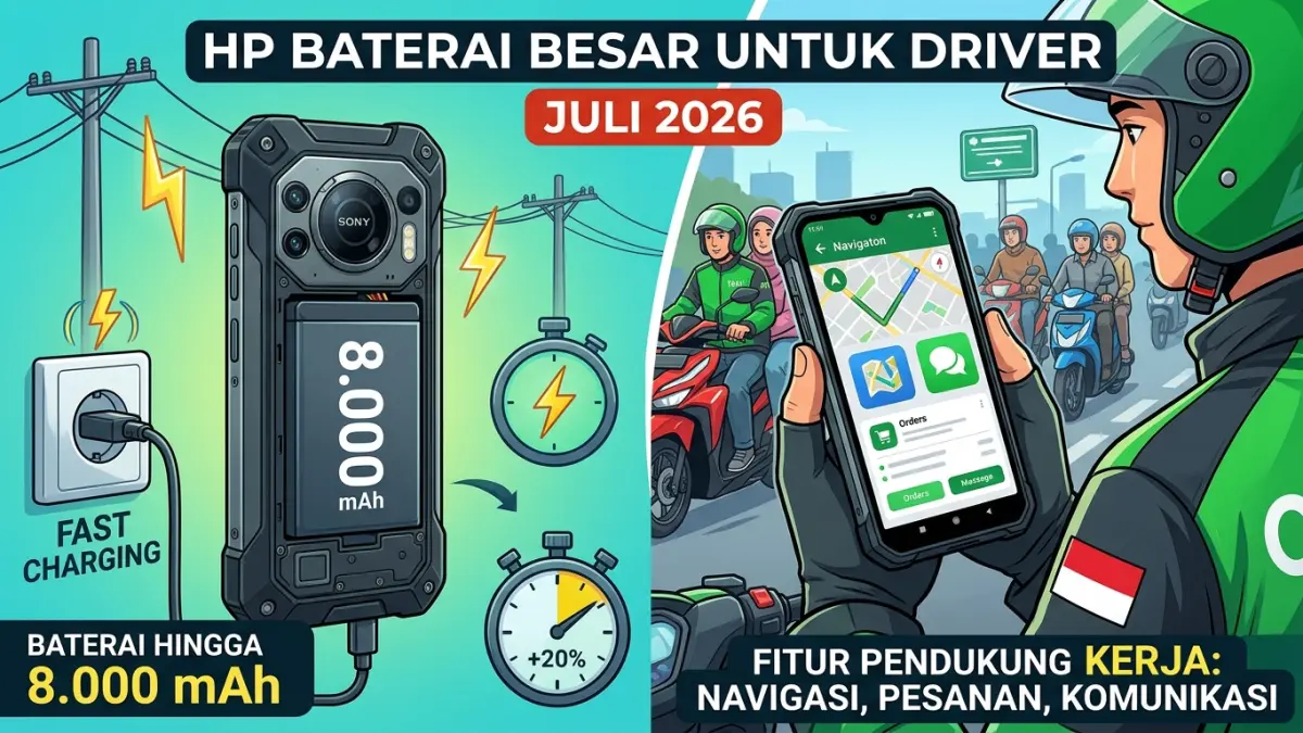 Lima HP baterai besar untuk driver Juli 2026 hadir dengan kapasitas hingga 8.000 mAh, fast charging, dan fitur pendukung kerja.(ILUSTRASI AI)