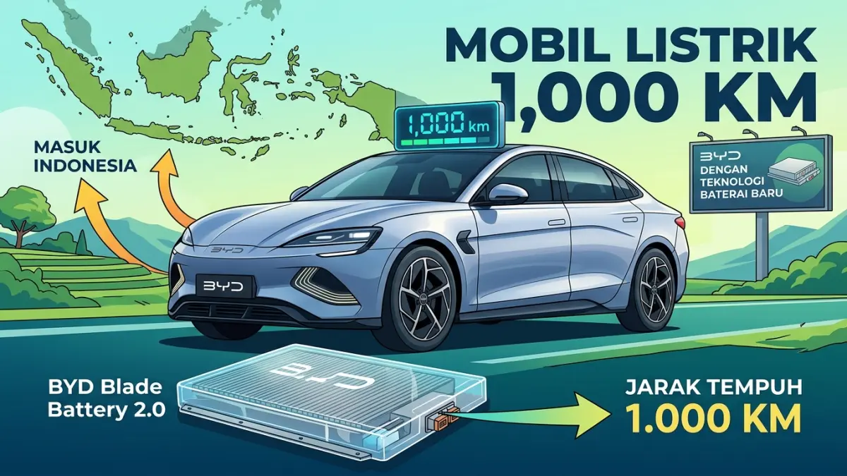 Mobil listrik 1000 km disebut berpotensi masuk Indonesia. BYD dikaitkan dengan teknologi baterai baru dengan jarak tempuh hingga 1.000 km.(ILUSTRASI AI)