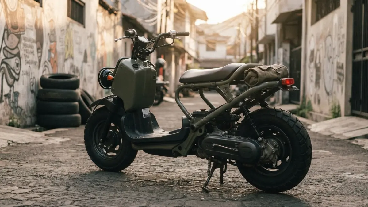 : Honda Ruckus 2025 mempertahankan mesin 49 cc, desain minimalis, bobot 194 pon, dan konsumsi bahan bakar hingga 114 MPG. (Gemini AI)
