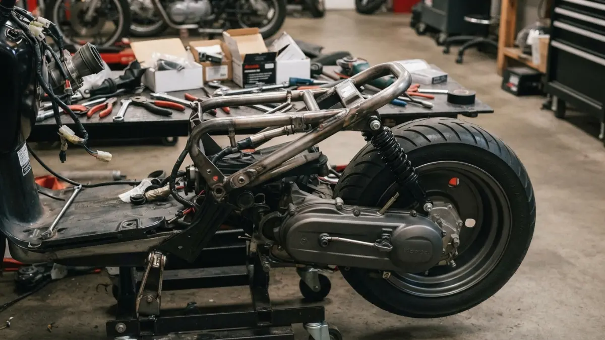 Honda Ruckus custom dikebut untuk Fitted UK. Proyek ini memakai stretch kit, mesin GY6, kaki-kaki modifikasi, dan pengerjaan kelistrikan. (Gemini AI)