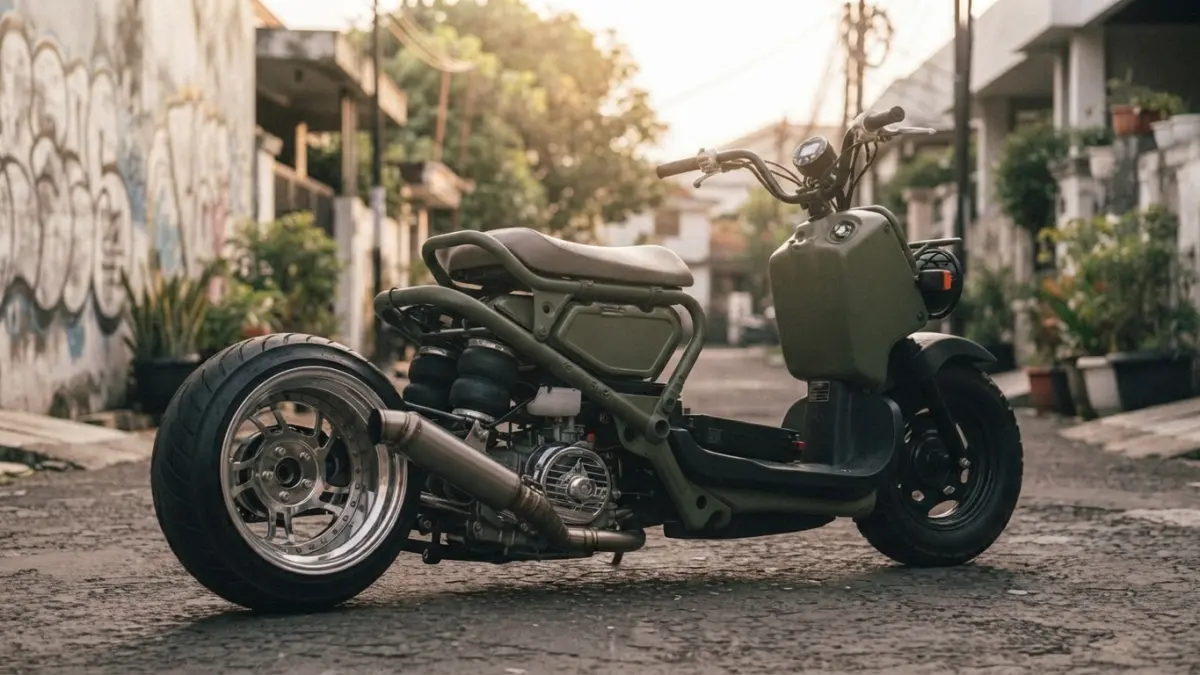 Honda Ruckus custom tampil ekstrem dengan gaya lowrider, suspensi naik-turun, rem cakram depan-belakang, dan banyak komponen custom. (Gemini AI)