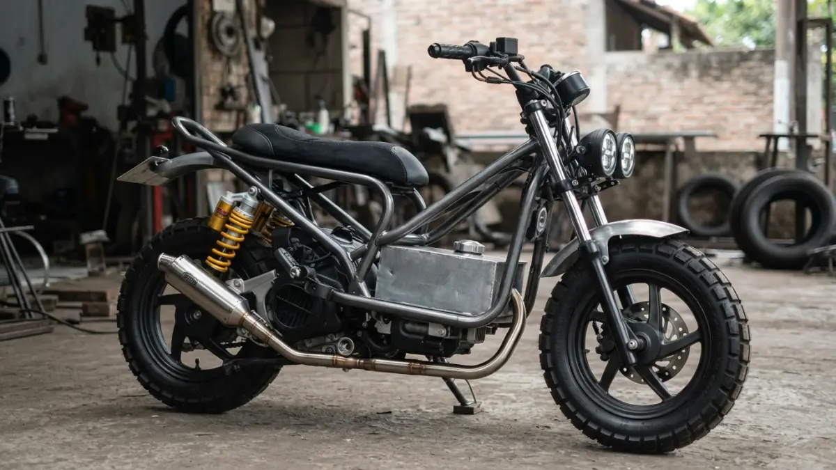 Honda Vario 125 custom Zoomer buatan Katros Garage tampil beda dengan sasis baru, pelek ring 12, tangki pindah ke bawah dek, dan bodi minimalis. (Gemini AI)