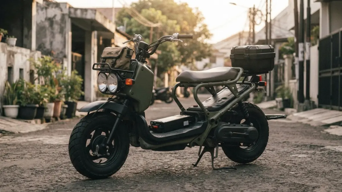 Honda Zoomer e dibekali motor brushless 400 watt, baterai removable, pedal, dan mampu mencapai kecepatan hingga 40 km/jam. (Gemini AI)