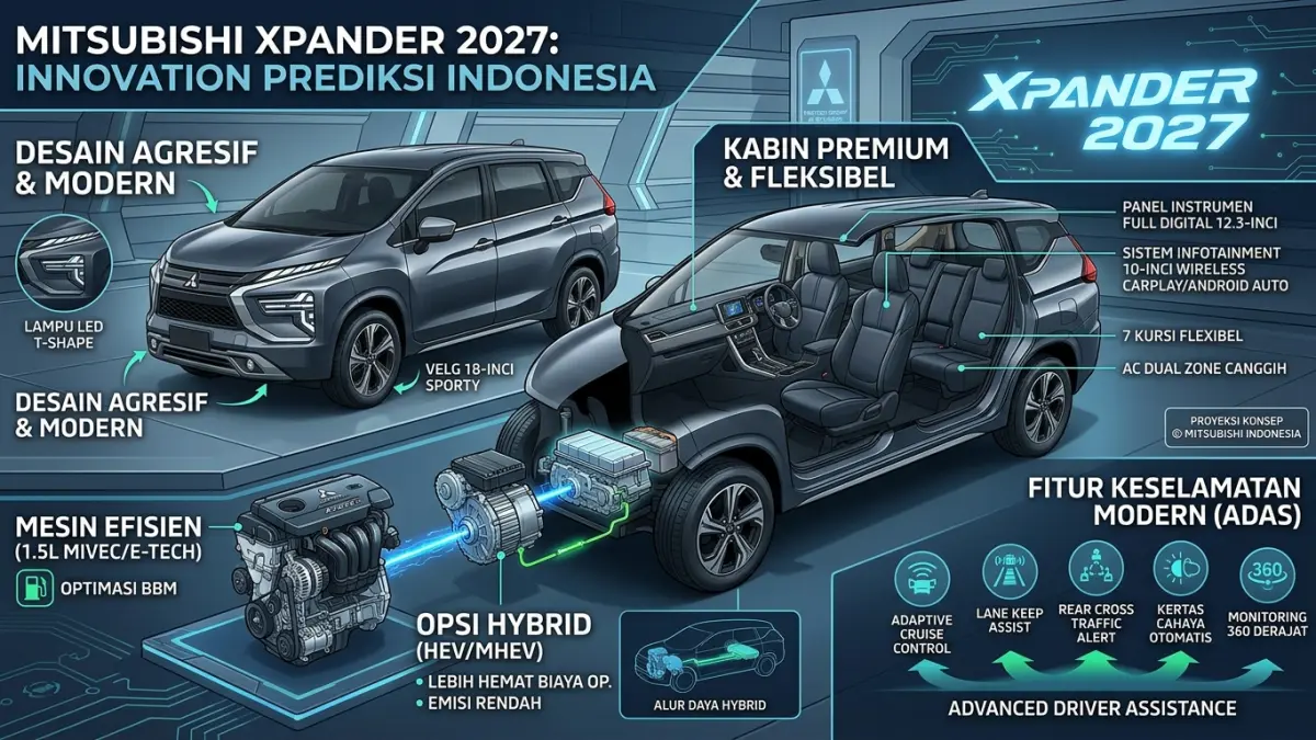 Mitsubishi Xpander 2027 diprediksi hadir dengan desain agresif, kabin premium, mesin efisien, fitur keselamatan modern, dan opsi hybrid.(ILUSTRASI AI)