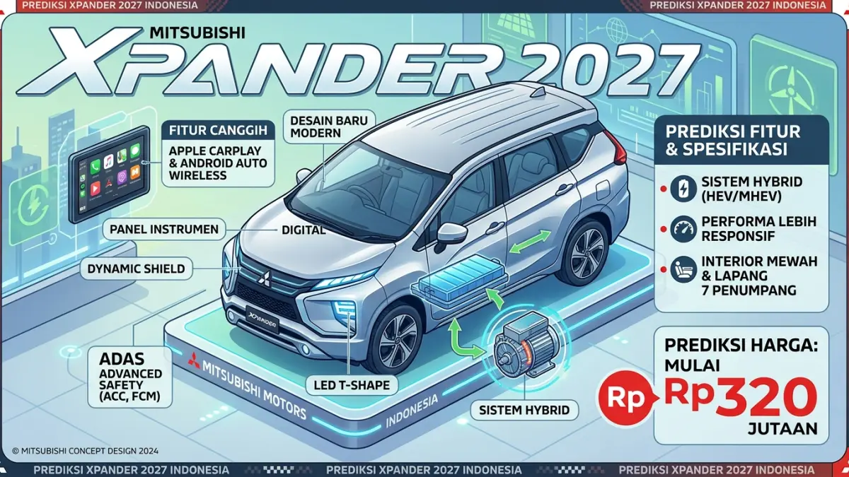 Mitsubishi Xpander 2027 diprediksi hadir dengan desain baru, fitur canggih, kemungkinan varian hybrid, dan harga mulai Rp320 jutaan.(ILUSTRASI AI)