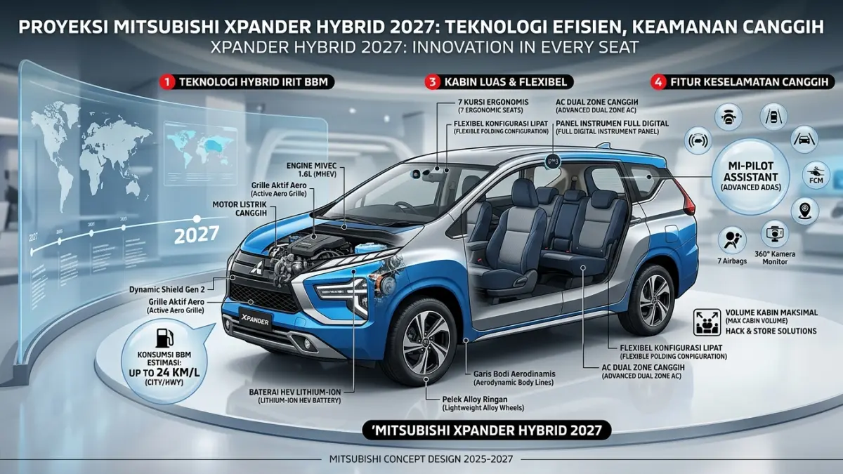 Mitsubishi Xpander Hybrid 2027 diproyeksikan membawa teknologi hybrid irit BBM, desain modern, kabin luas, dan fitur keselamatan canggih.(ILUSTRASI AI)