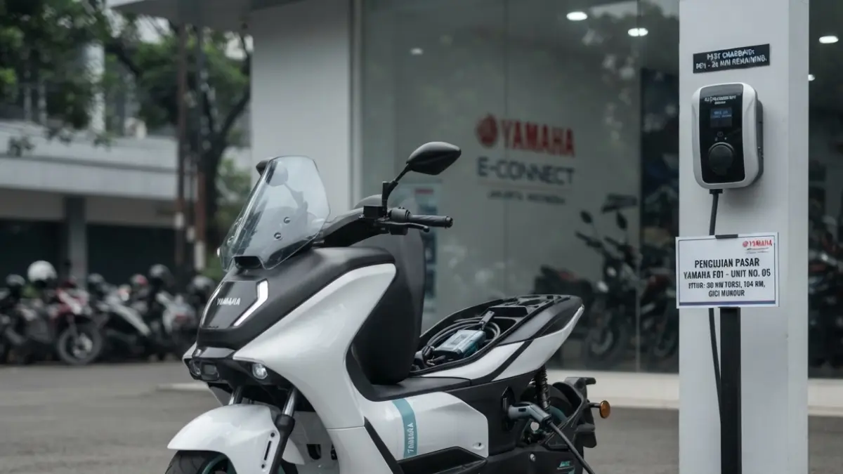 Yamaha E01 diuji dengan torsi 30 Nm, jarak tempuh 104 km, fitur mundur, fast charging, dan konektivitas smartphone. (Gemini AI)