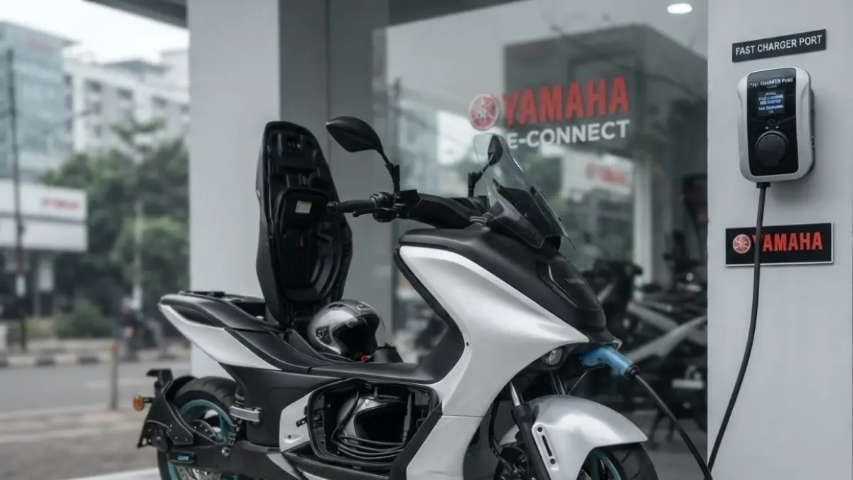 Yamaha E01 punya torsi 30,2 Nm, bobot 158 kg, bagasi 23 liter, dan fast charging hingga 90 persen dalam satu jam. (Gemini AI)
