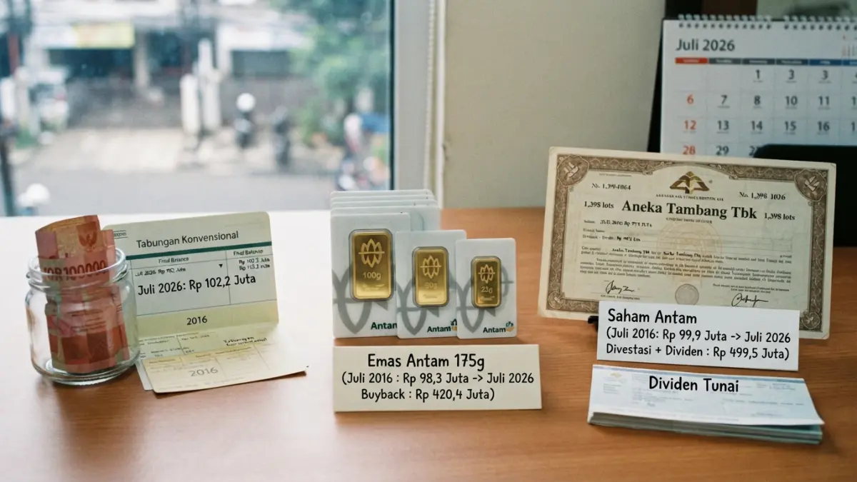 Saham Antam, emas, dan tabungan dibandingkan selama 10 tahun. Simak hasil simulasi investasi Rp100 juta hingga Juli 2026. (Gemini AI)