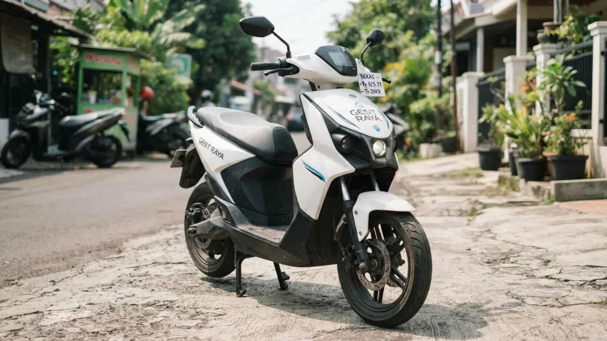 Gesit Raya bekas sekitar Rp10 juta menawarkan suspensi empuk dan konsumsi baterai irit, tetapi penyusutan harga jadi sorotan. (Gemini AI)