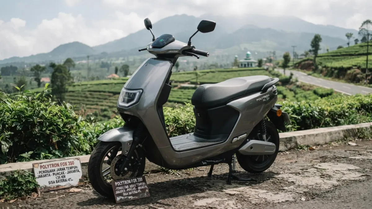 Polytron Fox 350 menempuh 136 km sekali cas dengan sisa baterai 4 persen. Simak harga, performa, fitur dan hasil pengujiannya. (Gemini AI)