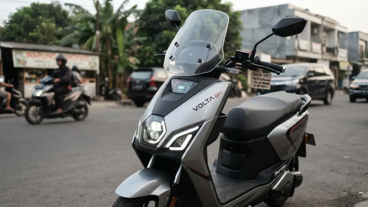 Volta GF1 dibanderol Rp23 jutaan dengan pilihan satu atau dua baterai. Jarak tempuhnya diklaim mencapai 150 km. (Geminni AI)